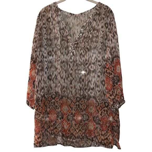 Lightweight Sheer Beaded Brown Cream Orange Patterned Long Sleeve Blouse L - Picture 1 of 3